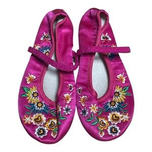 Taihon Girl's Fuchsia Floral Embroidered Ballet Flats Shoes Size 1.